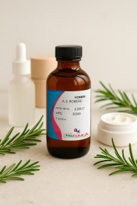 Botella de vidrio ámbar de 0.250 litros de aceite de romero de Green insuquimica para la caída del cabello en hombres en una mesa con productos de skincare.