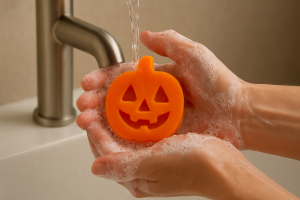 Primer plano de una persona lavándose las manos con un jabón artesanal de calabaza de Halloween 