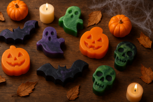 Imagen realista de jabones artesanales de calabaza, calavera, murciélago y fantasma decorados en una mesa rústica con temática de Halloween hecho por IA