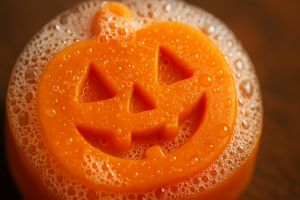 Jabón artesanal de calabaza con espuma alrededor 