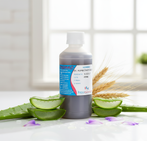 frasco de 0.250 lt del extracto natural humectante en una mesa moderna con Aloe vera, Germen de trigo, Salvia y Malva alrededor del extracto natural complejo. 