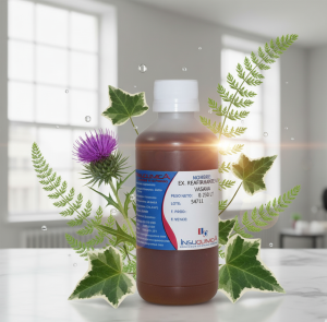 Frasco de 0.250 lt del extracto natural reafirmante en una superficie plana y moderna con Cardo Mariano, Cola de caballo, Hiedra y Germen de trigo sobre el extracto natural complejo. 