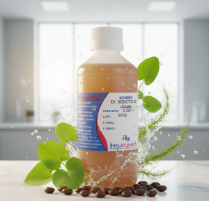 Frasco natural reductor de 0.250 lt en una mesa  marmoleada con Fucus, Centella Asiática y Guaraná alrededor del producto
