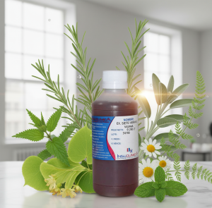 frasco del extracto natural siete hierbas en una superficie plana con Salvia, Romero, Milenrama, Ortiga, Abedul, Tilo y Cola de caballo alrededor del extracto natural complejo 
