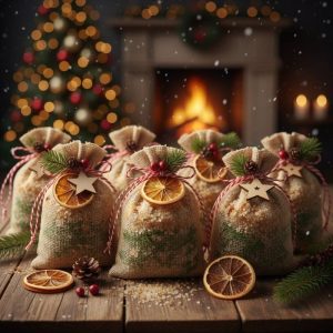 Imagen elaborada con IA de bolsitas de exfoliantes naturales con sales de epsom decorado con temática navideña. 