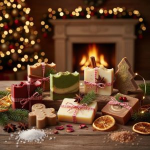 Imagen de jabones artesanales decorados con temática navideña hecho con IA