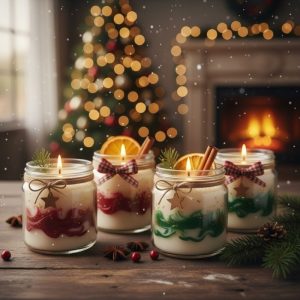 imagen de velas artesanales con temática navideña hecho por IA