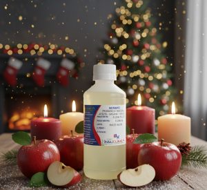 Envase de la fragancia manzana al aceite en fondo navideño 