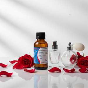 Frasco de fragancia fina concentrada junto a envases de perfume de vidrio y rosas rojas sobre fondo blanco, ideal para elaborar perfumes de San Valentín.
