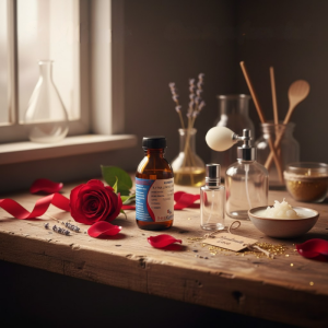 Mesa de taller artesanal con insumos para perfumes: frasco de fragancia fina concentrada, envases de vidrio, rosas rojas y lavanda en un ambiente rústico de San Valentín.