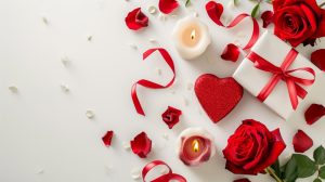 Decoración de San Valentín con velas blancas artesanales encendidas, rosas rojas naturales y caja de regalo blanca con cinta roja.