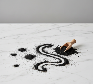 Carbón activado en polvo esparcido en una mesa marmoleada hecho por IA