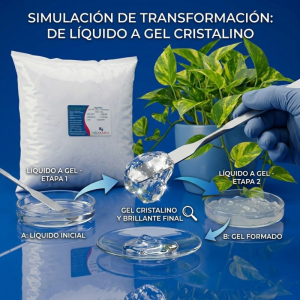 Carbomero 940 POLYGEL HG en bolsa blanca exhibido en estudio fotográfico con frasco dispensador de gel transparente al costado.